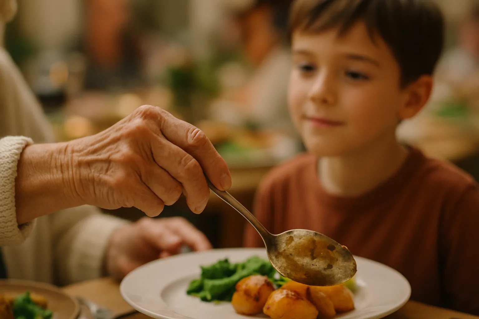 Close-up of a grandmother's hand serving more food onto her grandson's plate at a family dinner.