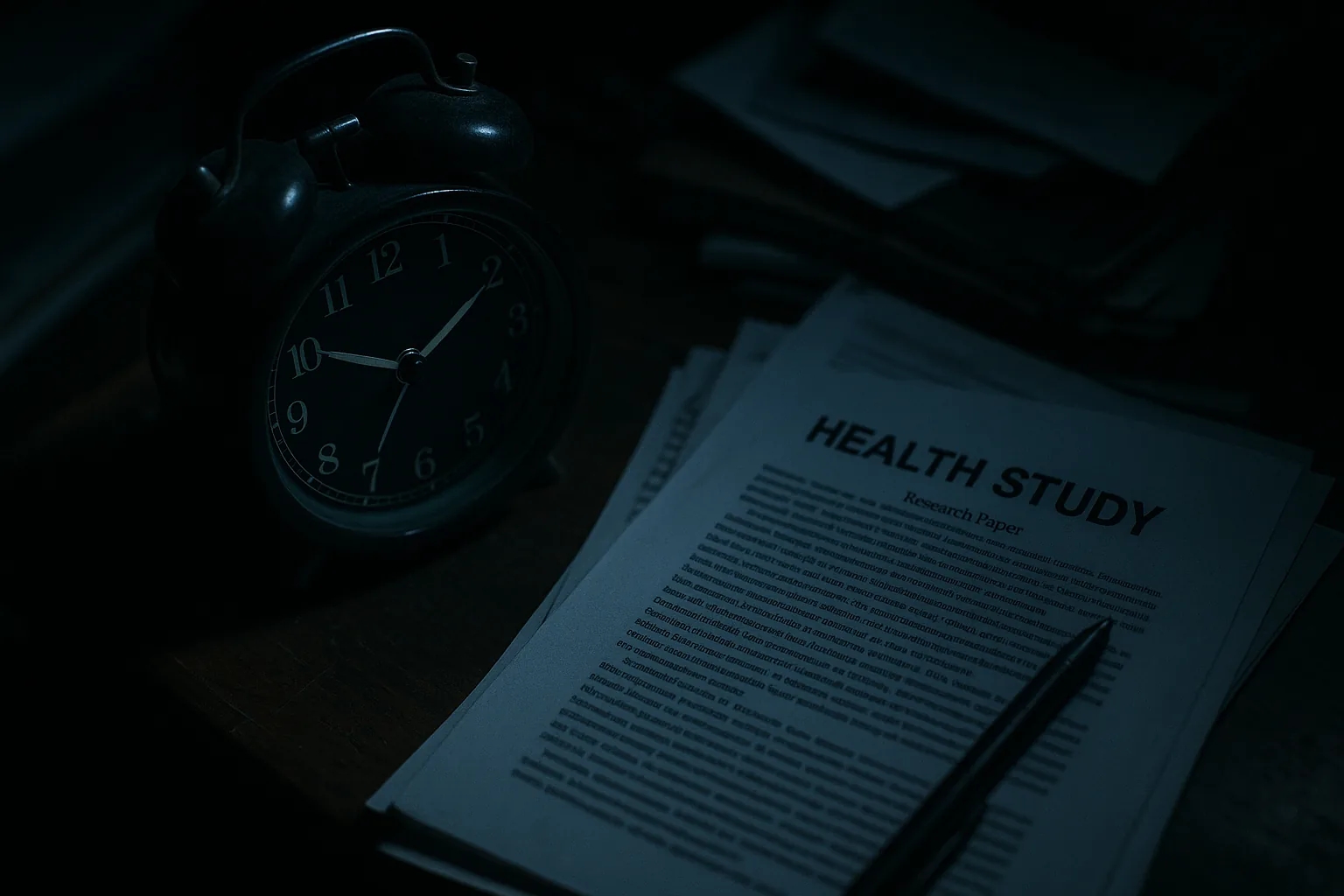An alarm clock showing 3:15 AM beside a stack of papers on a cluttered bedside table.