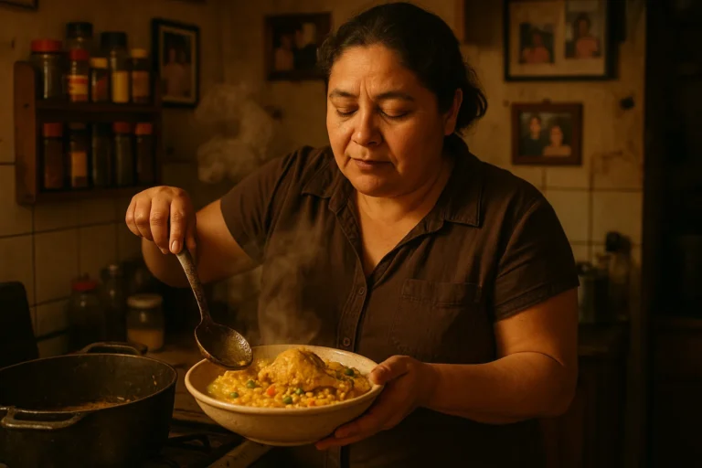 A woman serves a pot of steaming arroz con pollo in a cozy, bustling kitchen filled with spices and family photos.
