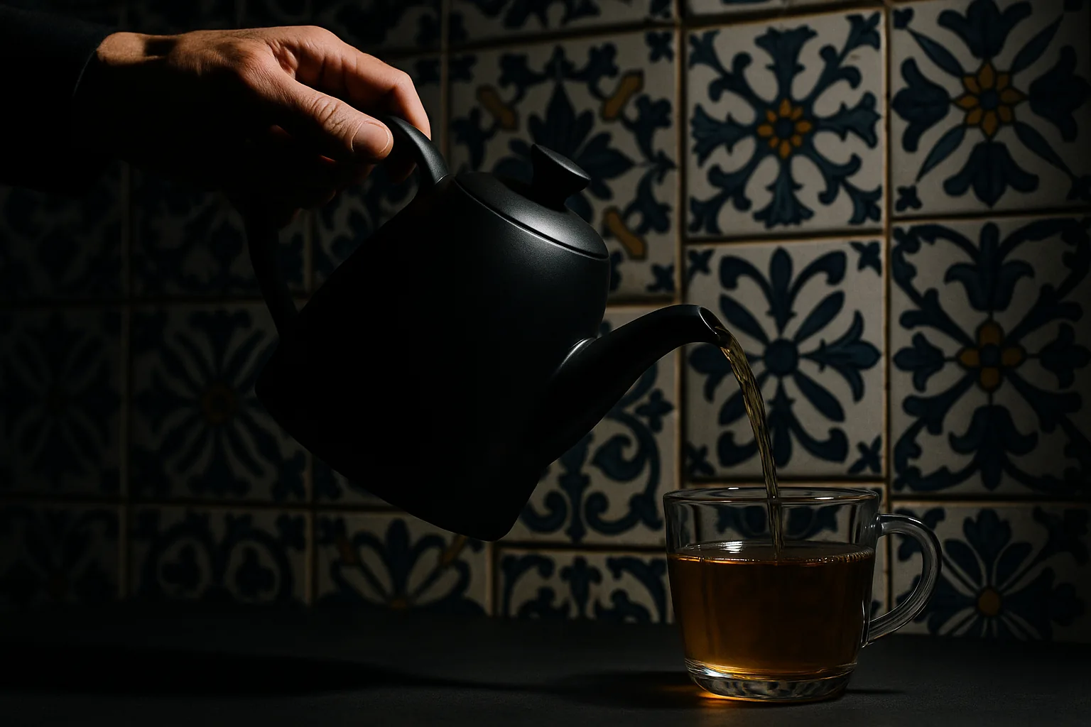 Hand pouring boldo tea from a sleek teapot into a transparent cup, against a backdrop of Chilean tiles.