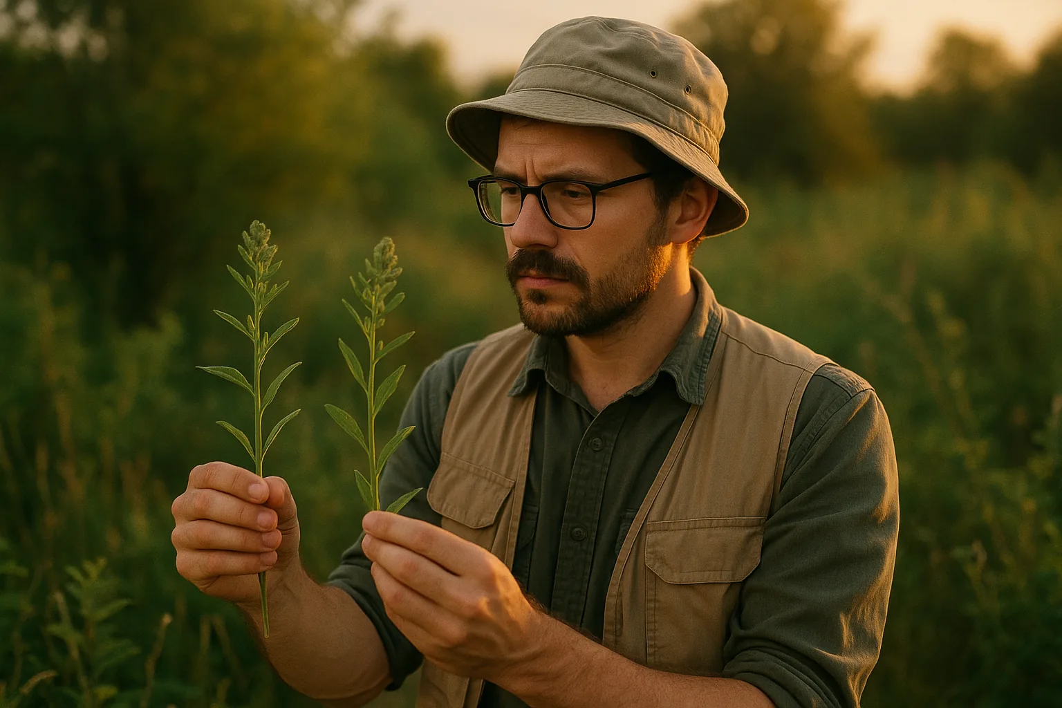 A botanist in an outdoor field comparing two plant species with lush greenery around under warm sunlight.