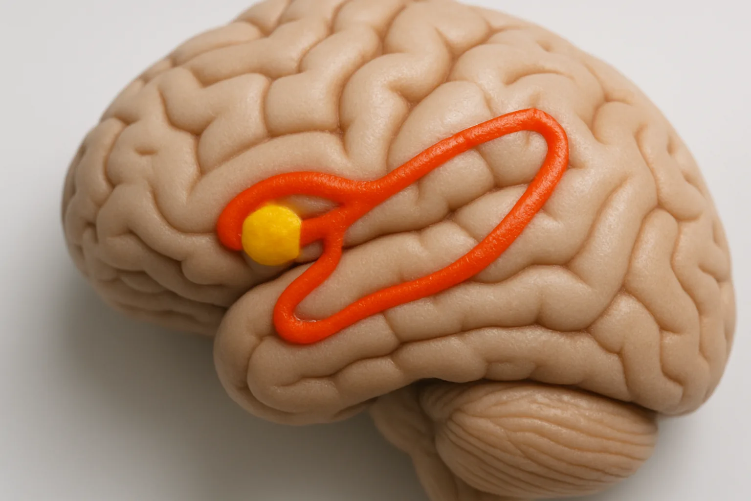 A close-up of a brain model with highlighted areas, showing dopamine pathways.