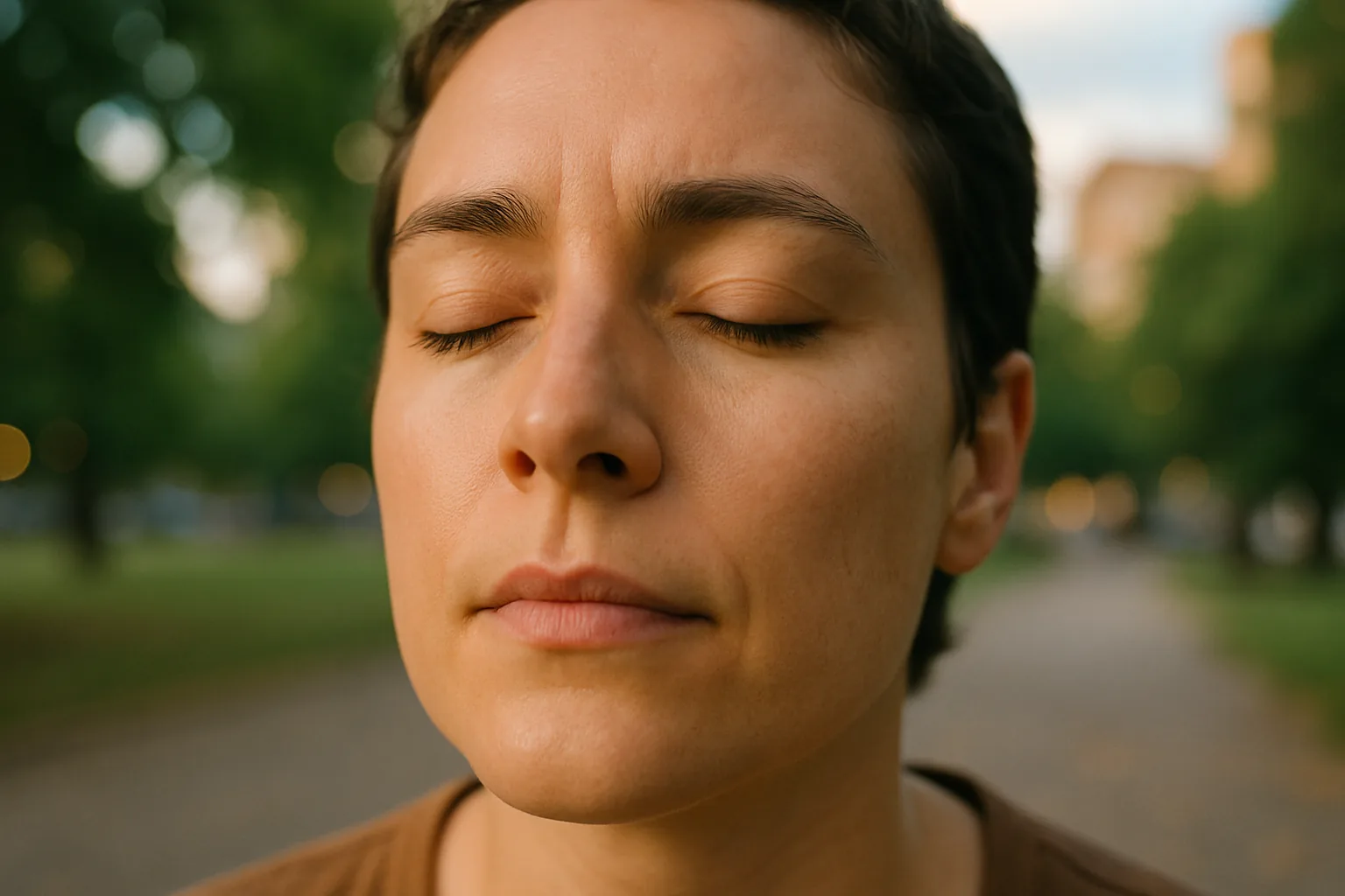 Close-up of a person inhaling deeply in an outdoor urban setting, with relaxed facial features.