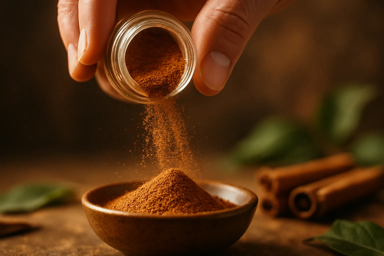 A close-up of a hand sprinkling cinnamon powder from a jar over a bowl, with cinnamon sticks in the background.