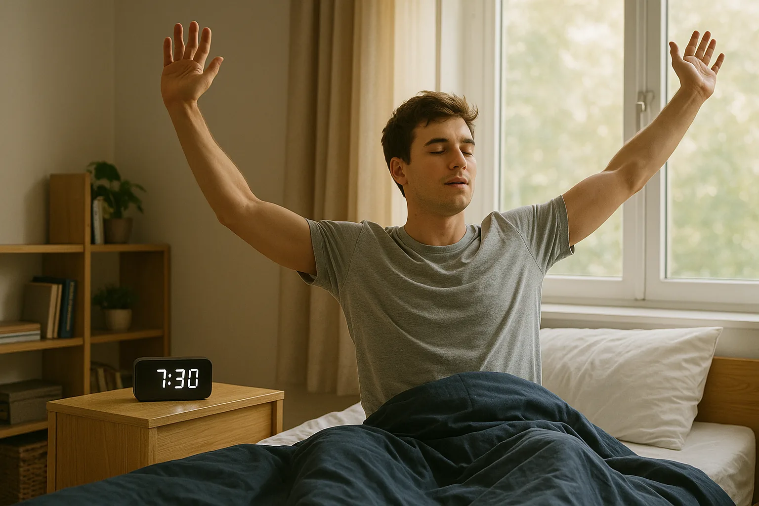 A young man stretching in bed with morning light streaming in through a window.