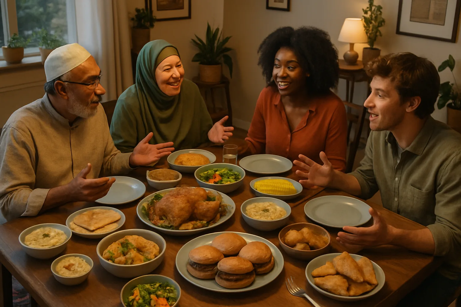 A family having dinner with a mix of traditional and American foods, smiling and talking.