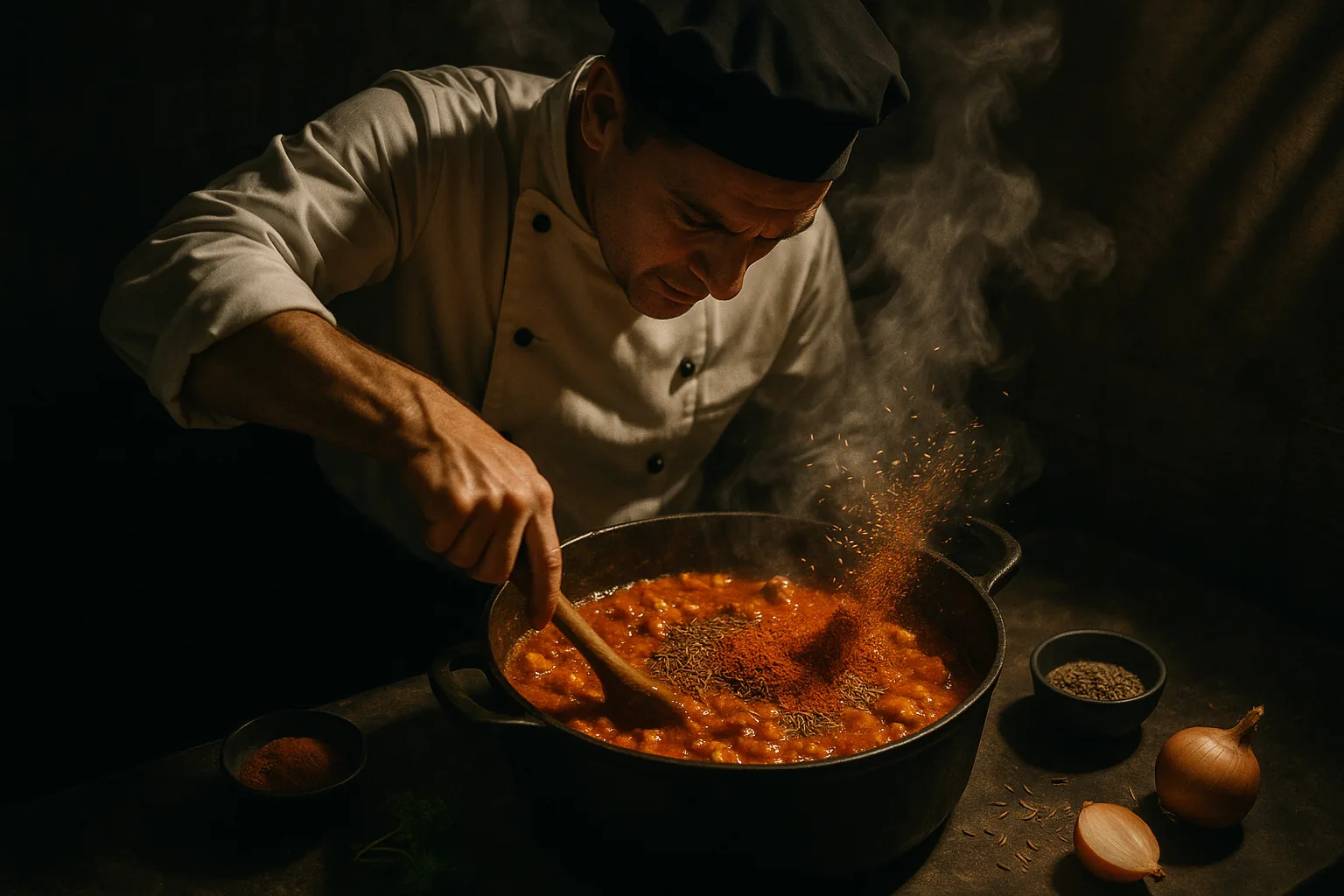 A chef stirring a pot of stew in a kitchen, with visible cumin and achiote in the vibrant mixture.