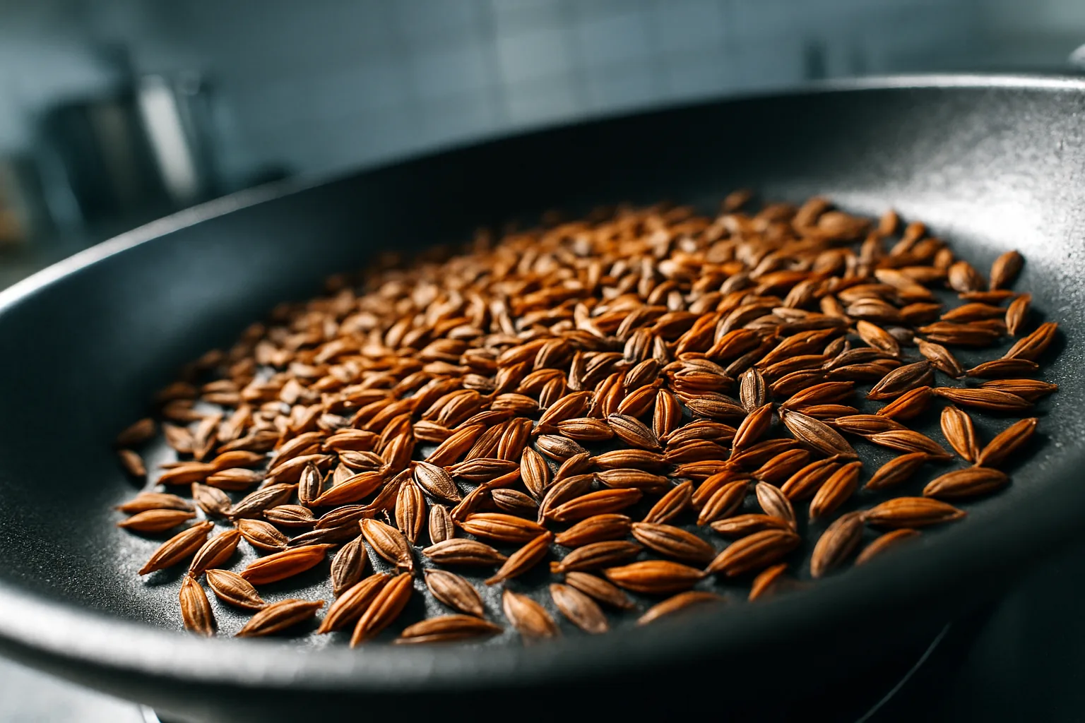 Cumin seeds are shown being toasted in a pan with visible heat reactions.