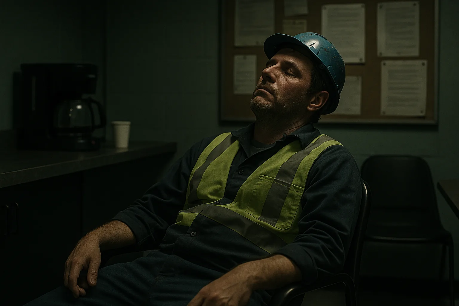 Person sitting tiredly in a break room chair, with coffee machine in the background.
