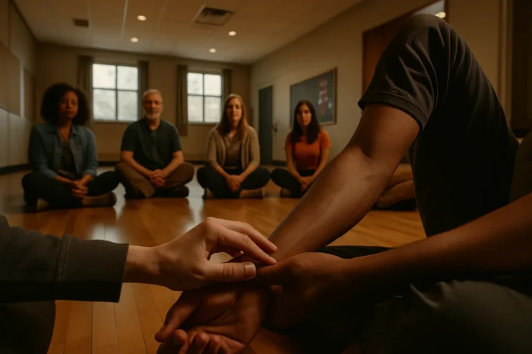People sitting cross-legged on a wooden floor in a community center, one person with a hand on their own wrist.