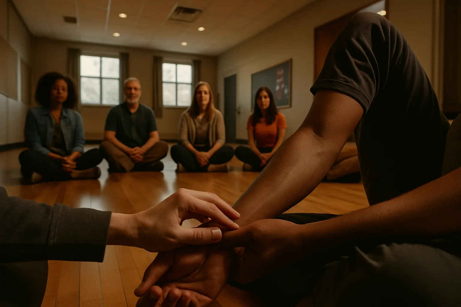People sitting cross-legged on a wooden floor in a community center, one person with a hand on their own wrist.