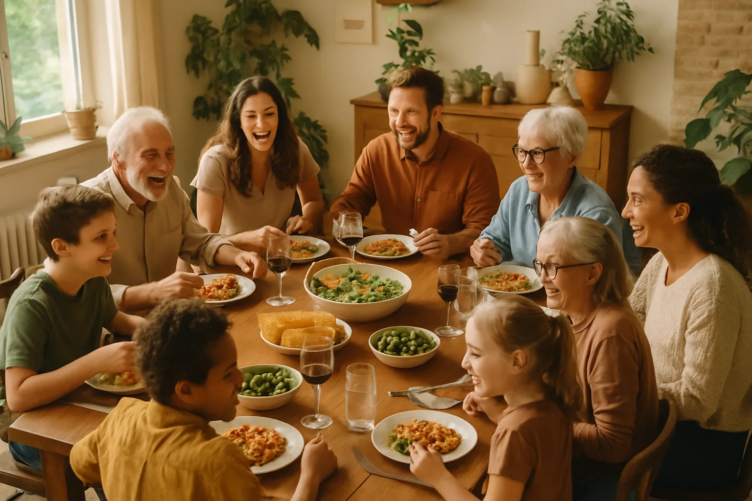 A large family gathered around a dining table, sharing a meal and conversation.