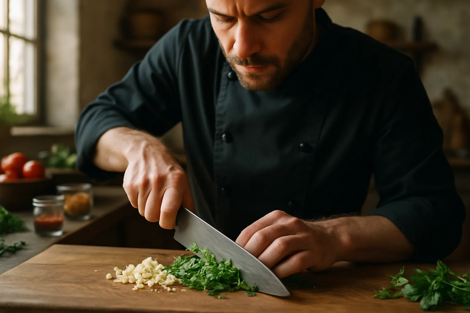 A chef in a kitchen is seen chopping garlic and coriander on a wooden cutting board with spices in the background.
