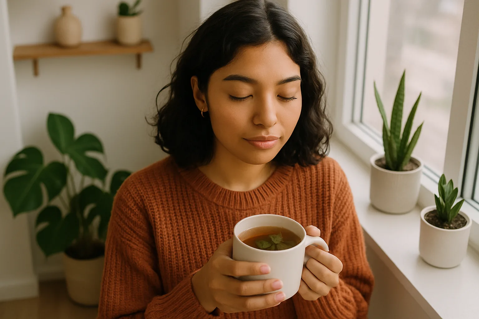 Young woman in a modern apartment holding a mug of herbal tea near a window, surrounded by plants.