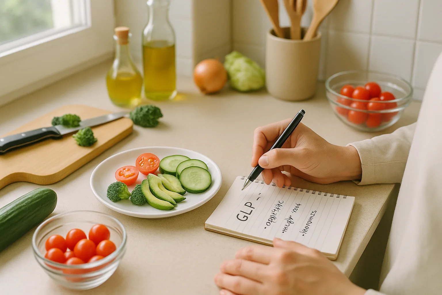 Hands preparing a meal with vegetables on a kitchen counter, alongside a notepad.