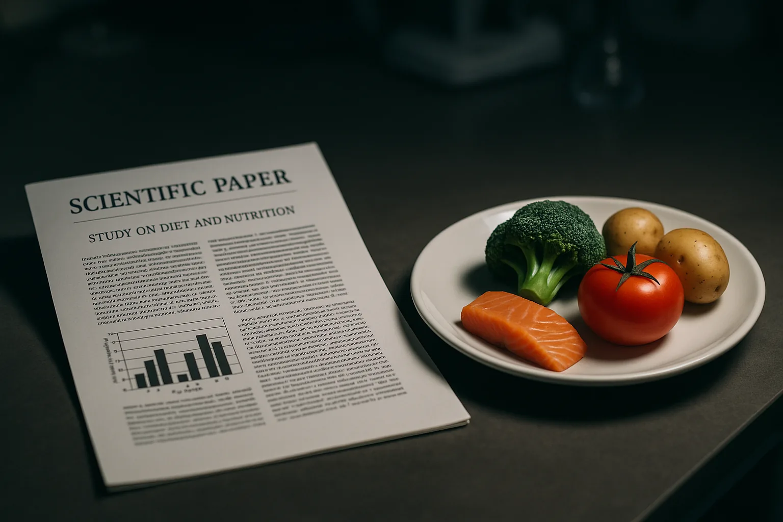 An open scientific journal with a plate of assorted food items in a laboratory setting.