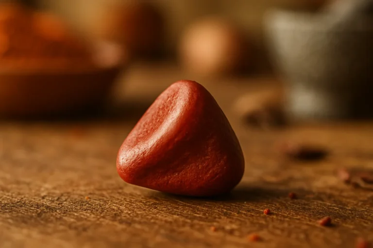A close-up image of a single annatto seed on a wooden kitchen table with a blurry background of Hispanic spices and kitchen utensils.