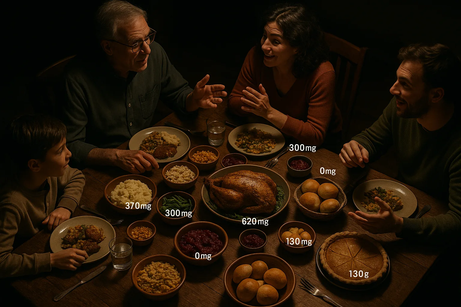 A high-angle view of a family dining table laden with dishes and sodium content markers; family members converse over the meal.