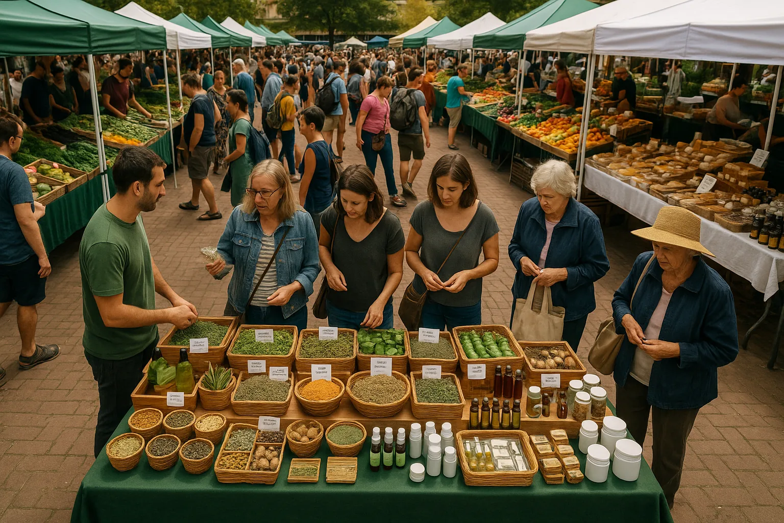 A high angle view of a busy farmers market with various stalls displaying imported herbal products and shoppers interacting with vendors.