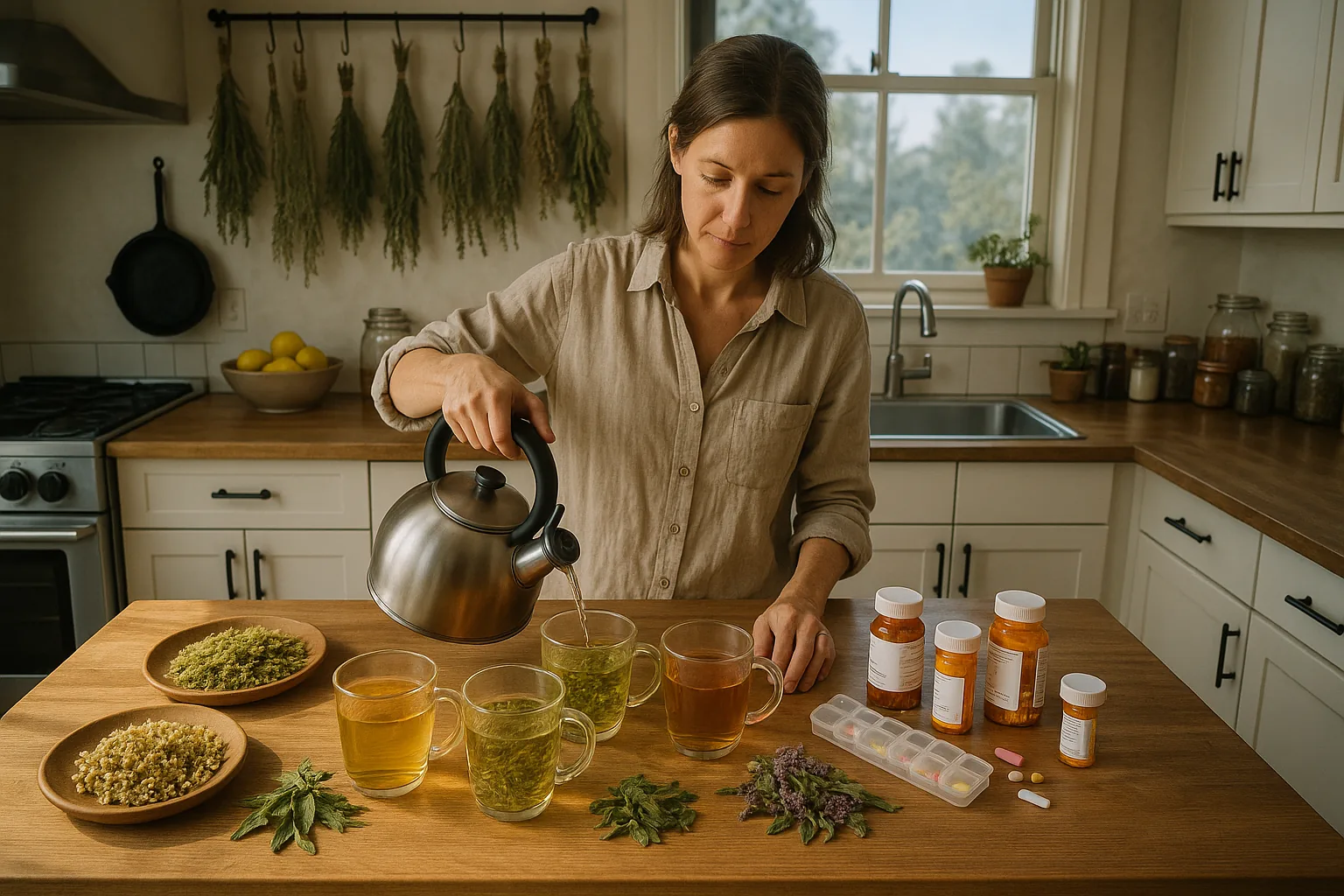 A wide view of a kitchen where a woman prepares herbal teas and has prescription bottles nearby.
