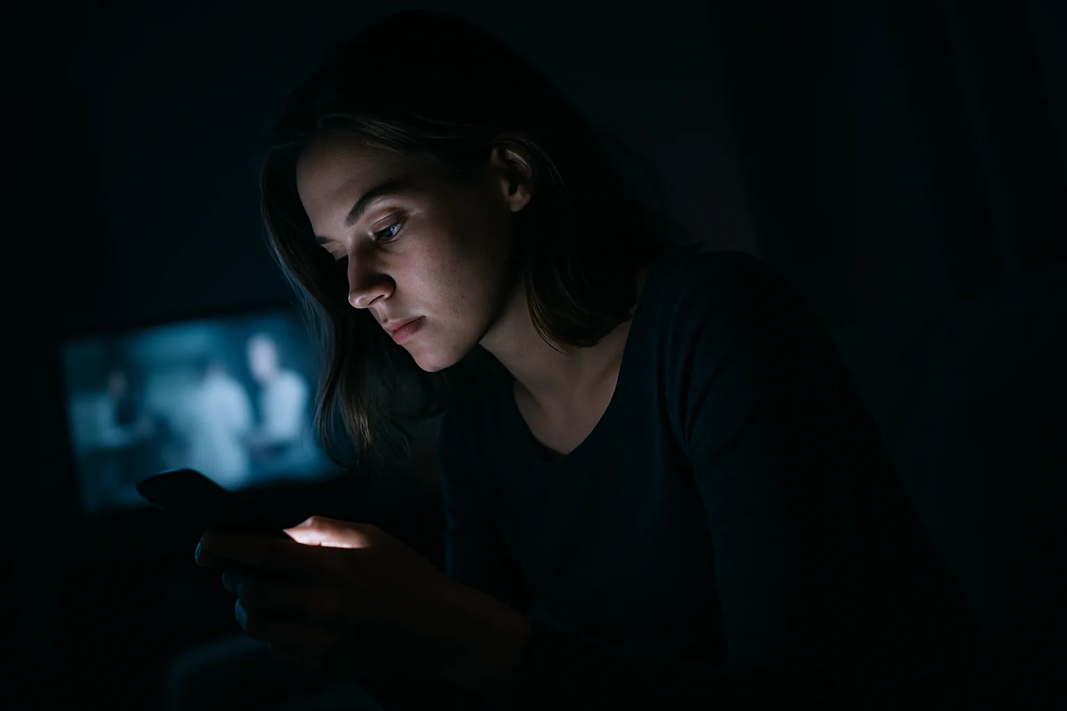 A woman using her smartphone at night in a dimly lit room with a TV in the background.