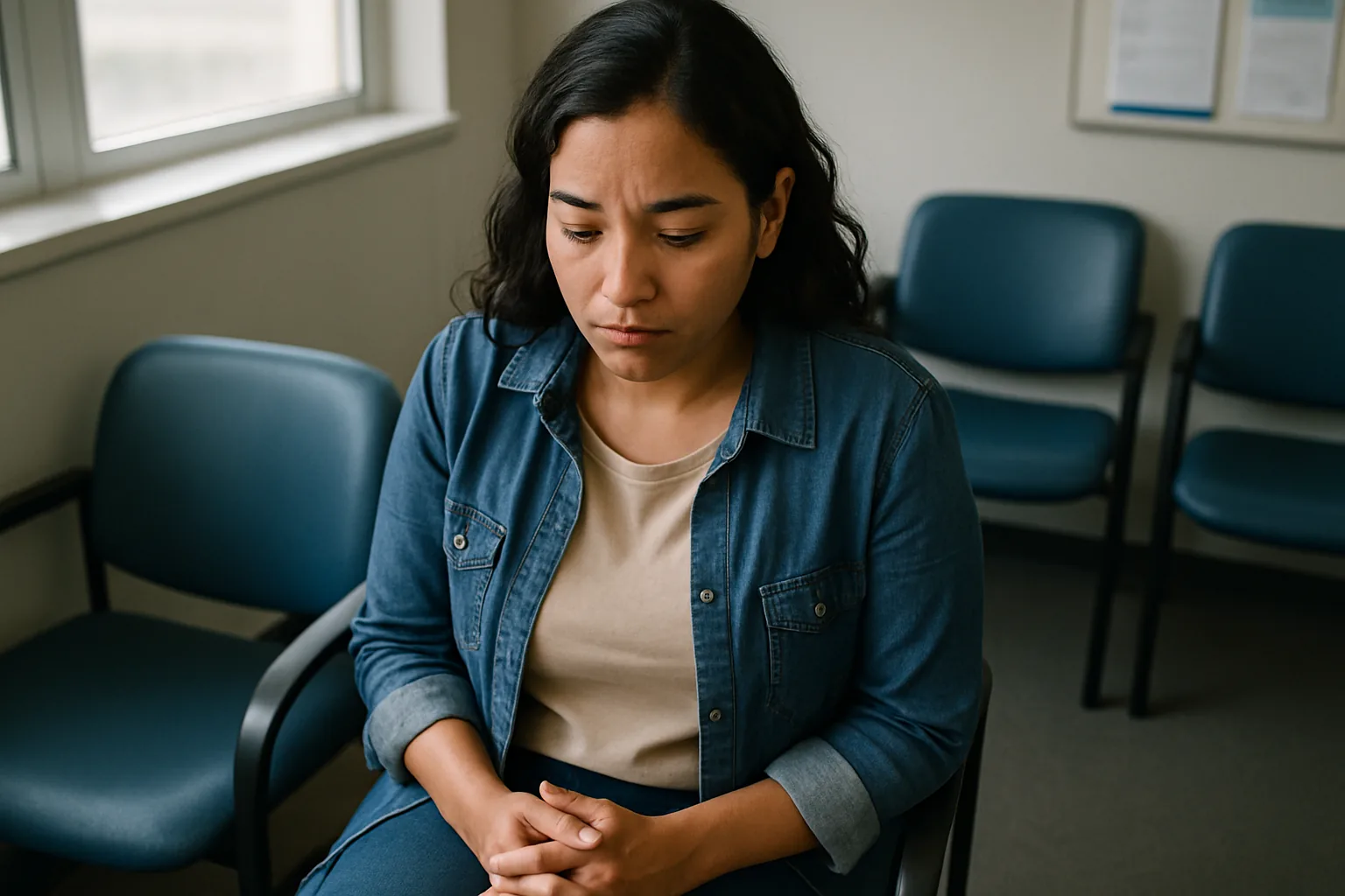 A Latina woman in a clinic waiting room, looking down with hands clasped on her lap.