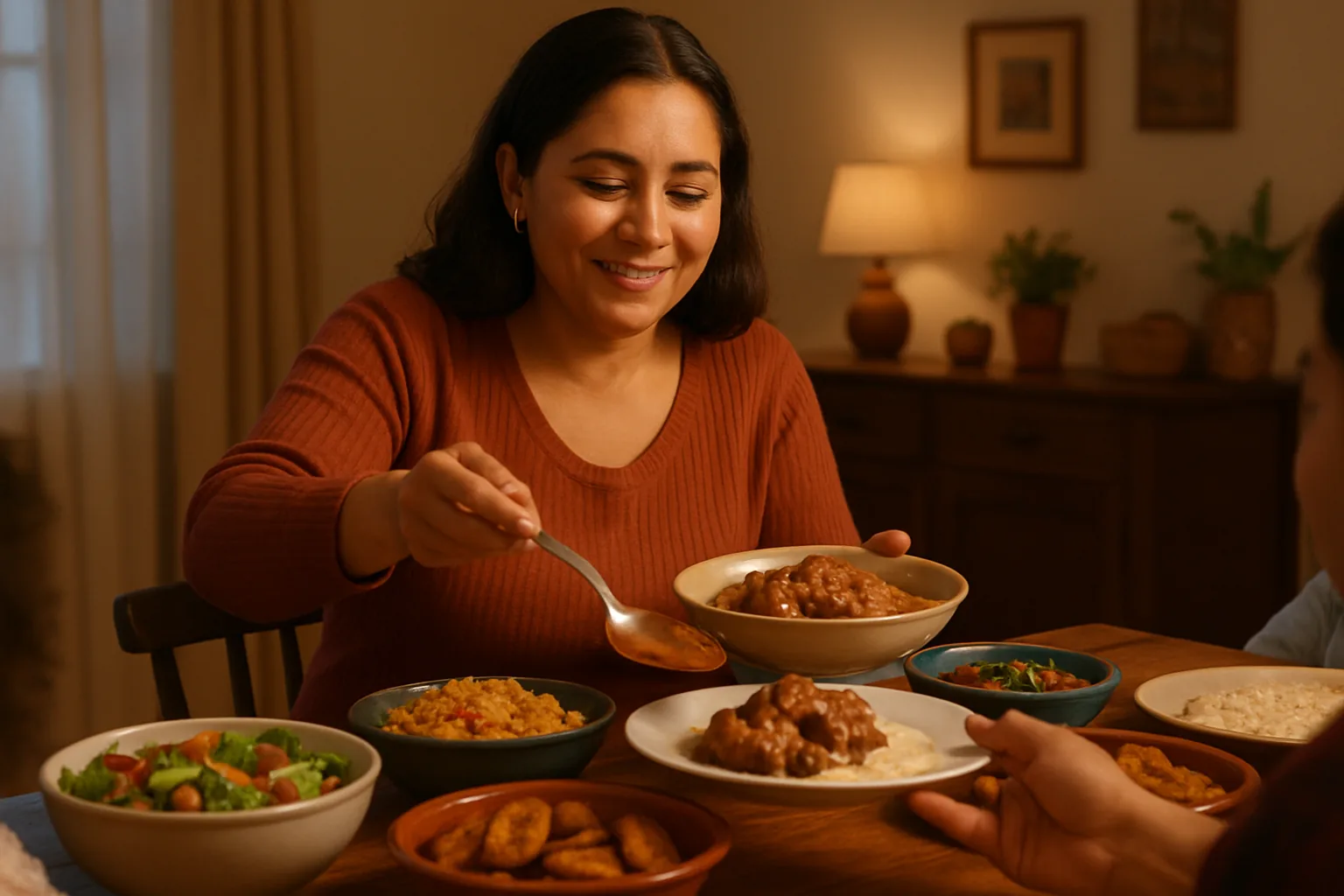 A mother serving a homemade meal to her family at a dining table filled with colorful dishes.