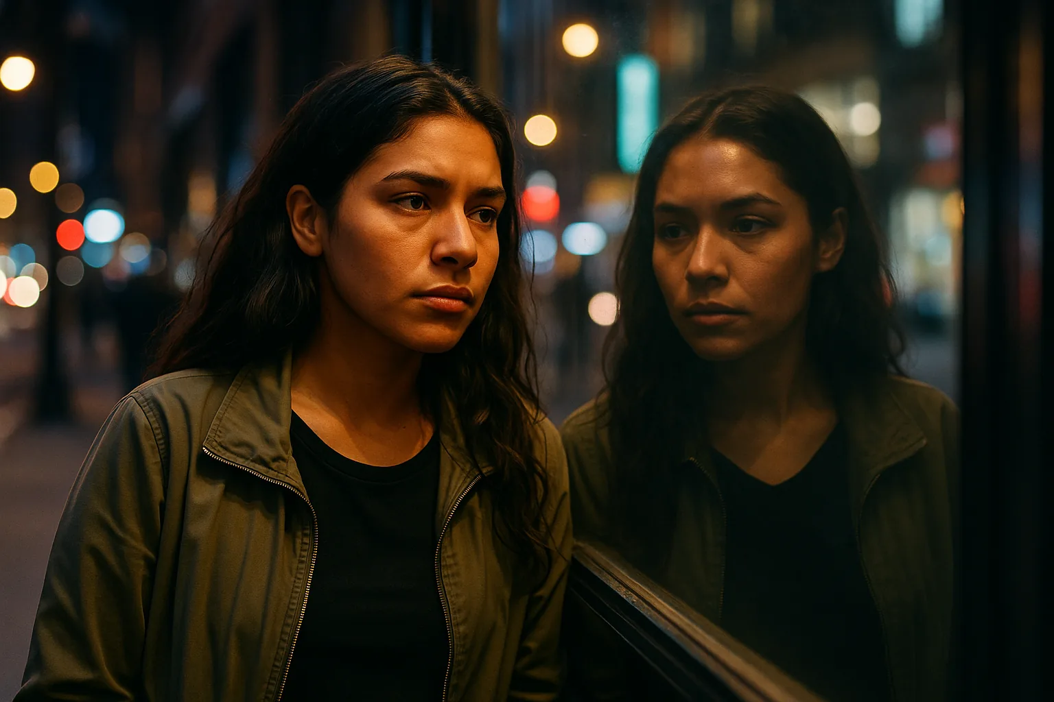 A young Latina woman looking at her reflection in a city storefront window under streetlights.