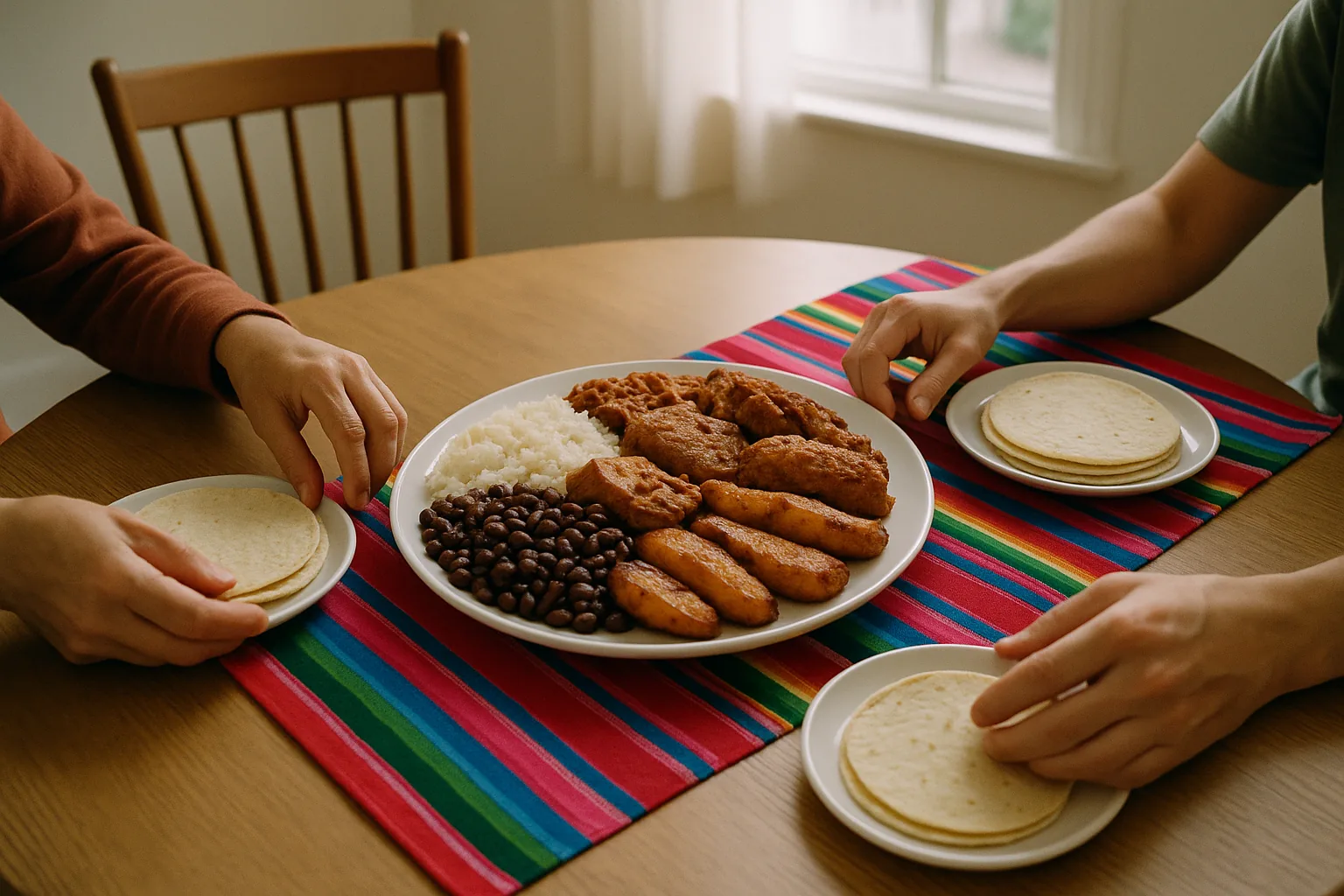 A full plate with rice, beans, proteins, and maduros is set on a table surrounded by family members reaching for food.