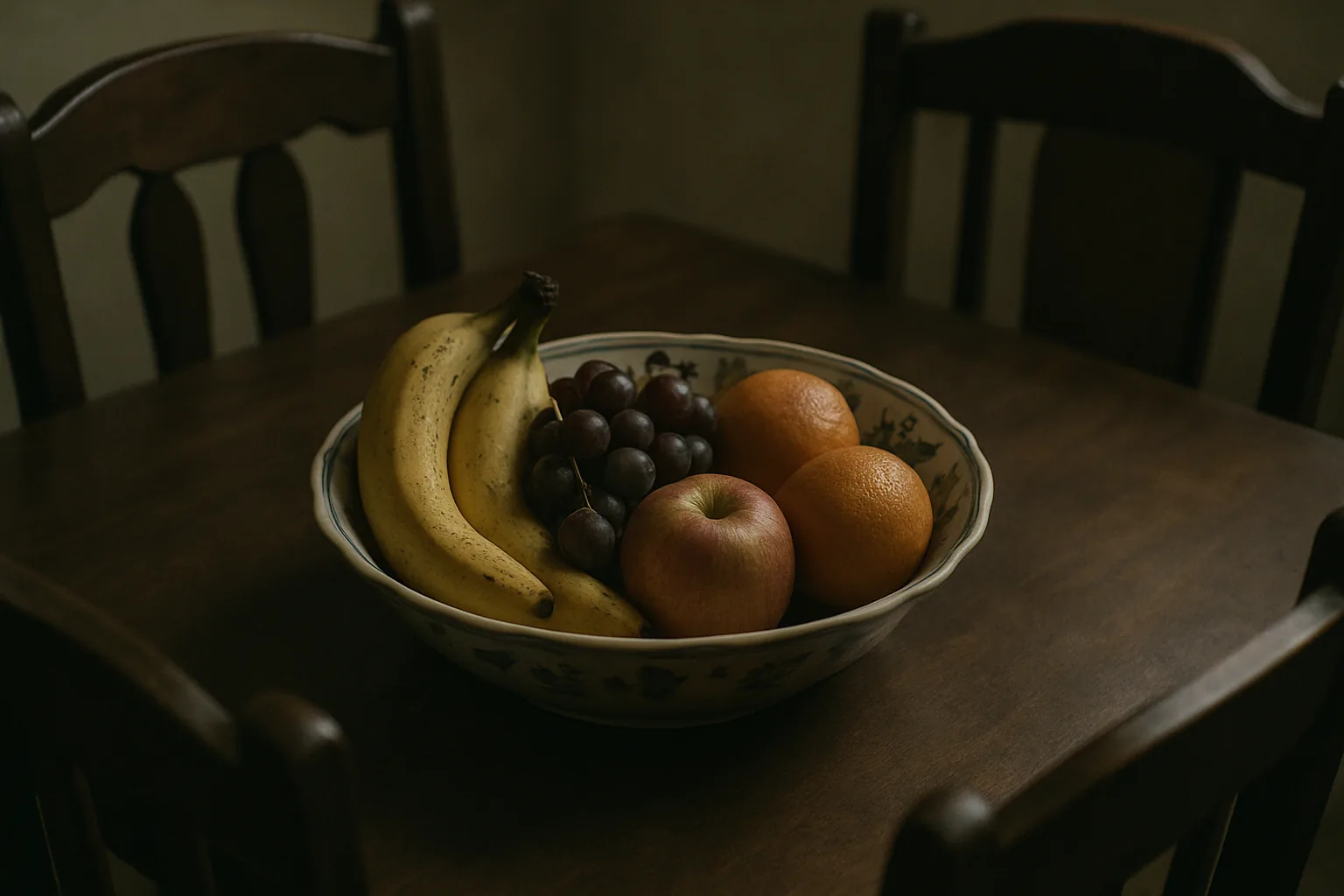 A close-up of a dining table with a bowl of fresh fruit, empty chairs around it, implying absence.