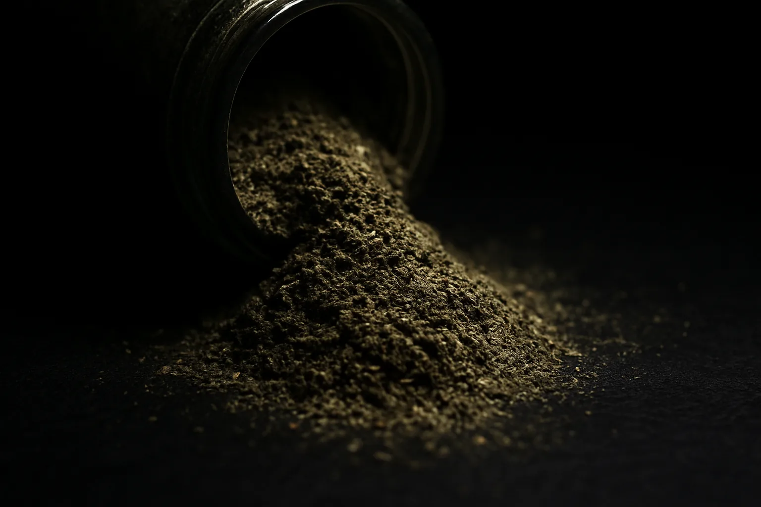 A close-up view of herbal powder spilling onto a dark surface under dramatic lighting, showing its fine texture.