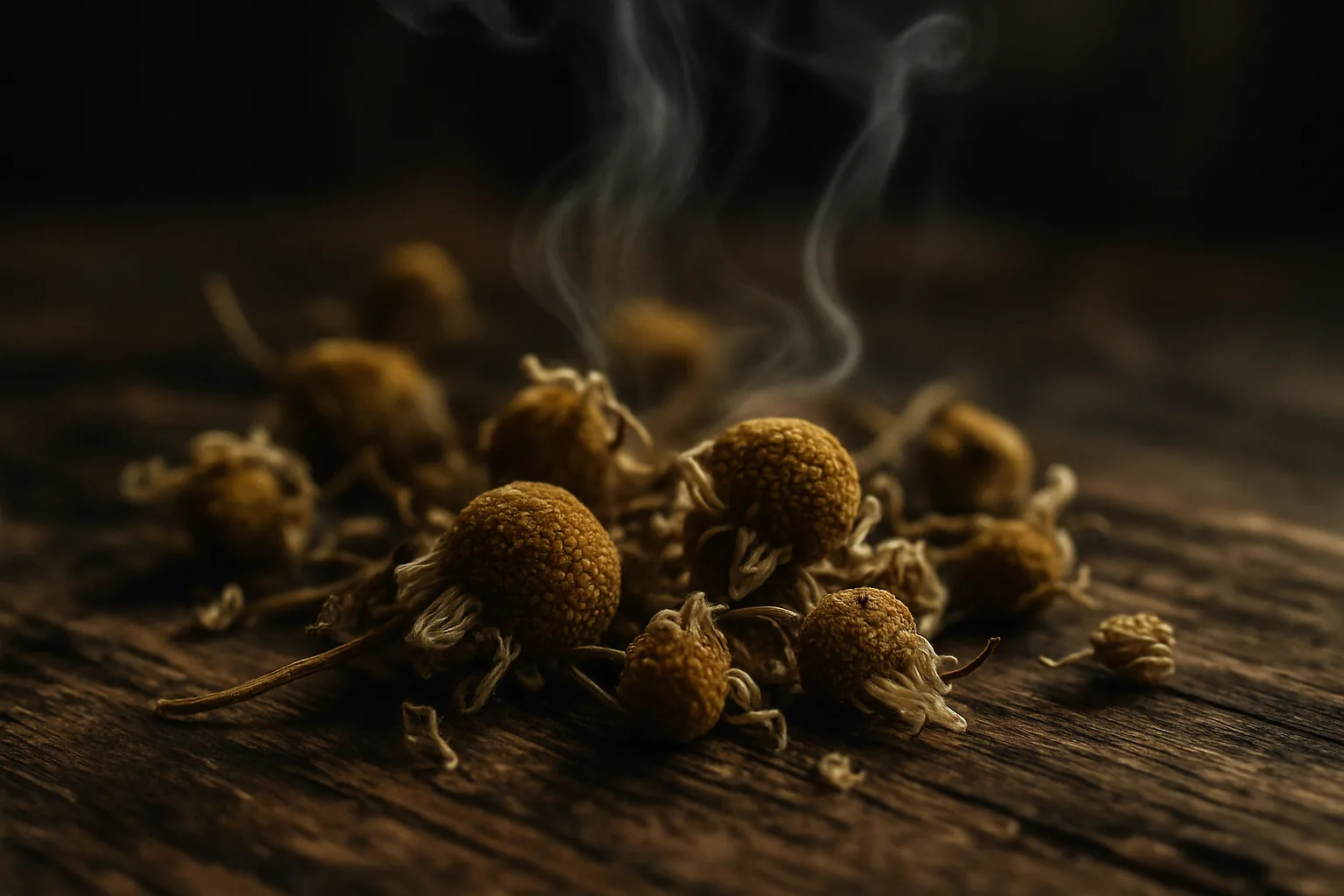 Close-up of dried chamomile flowers with steam rising on a rustic wooden table.