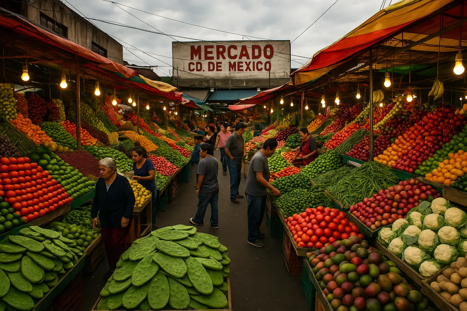 A bustling market stall in Mexico City displaying fresh nopal among other produce.