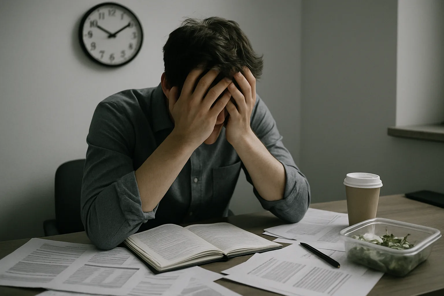 A person looking fatigued at an office desk with scattered papers and unfinished lunch.