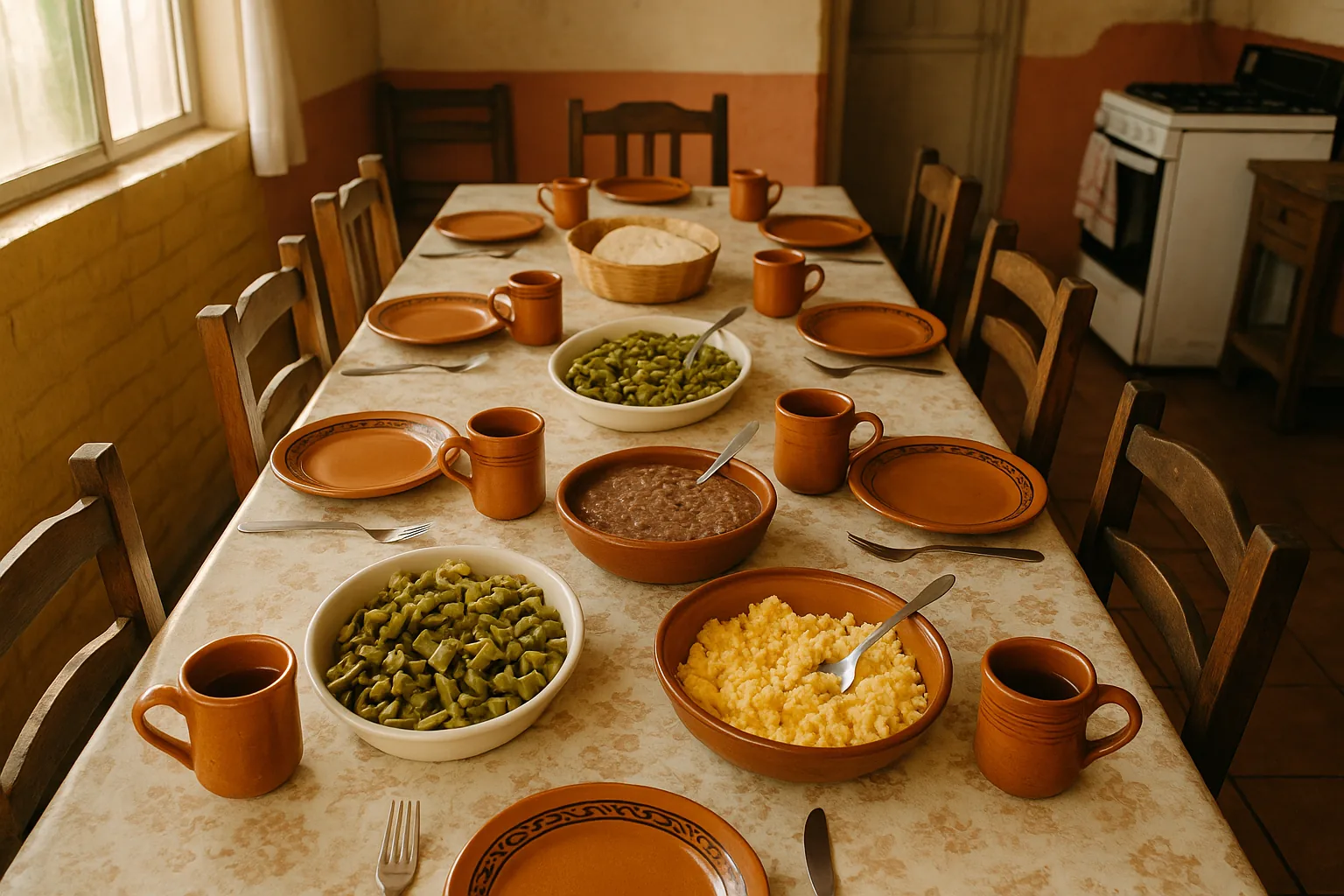 A dining table set with nopal, eggs, and beans, seen from above in a sunlit room.