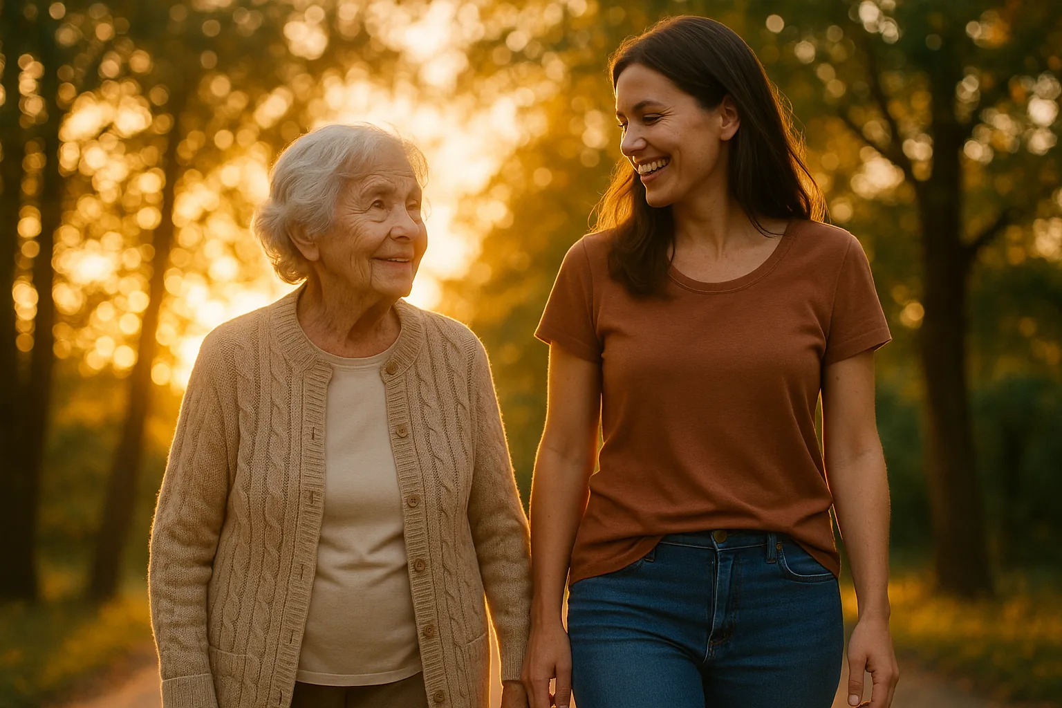 A medium shot of an elderly woman and her adult daughter walking together, seen at a low angle with sunlight creating patterns on the sidewalk.