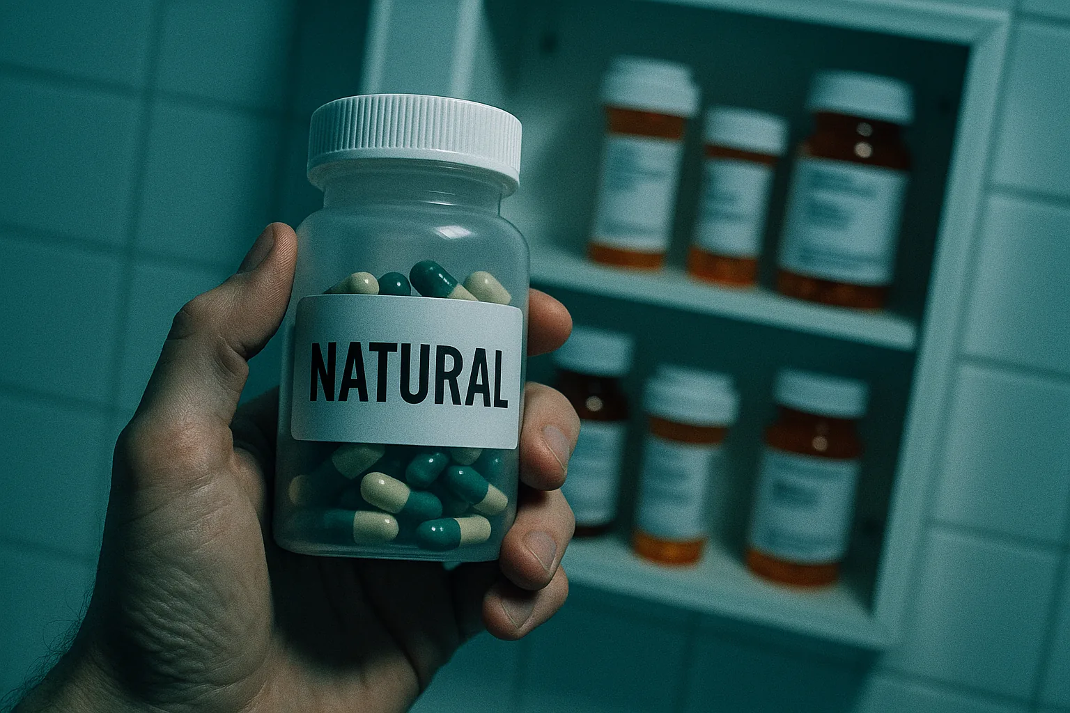 A tilted view of a hand holding a pill bottle labeled 'natural,' with a medicine cabinet showing prescription drugs in the background.