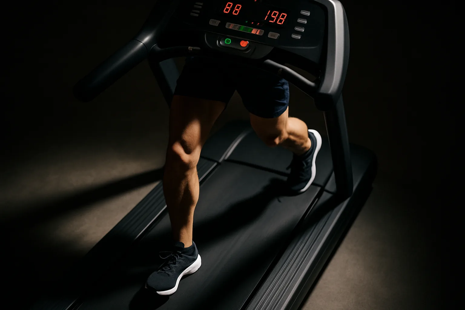 Close-up of legs running on a treadmill, digital display showing heart rate and speed.