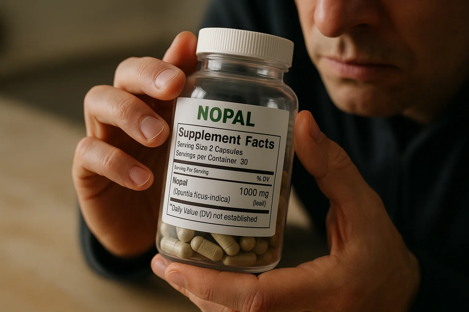 Hands holding a pill bottle of nopal supplements with a visible nutrition label.