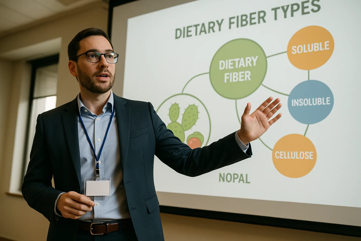 A nutritionist gesturing towards a projector screen showing dietary fiber types during a presentation.