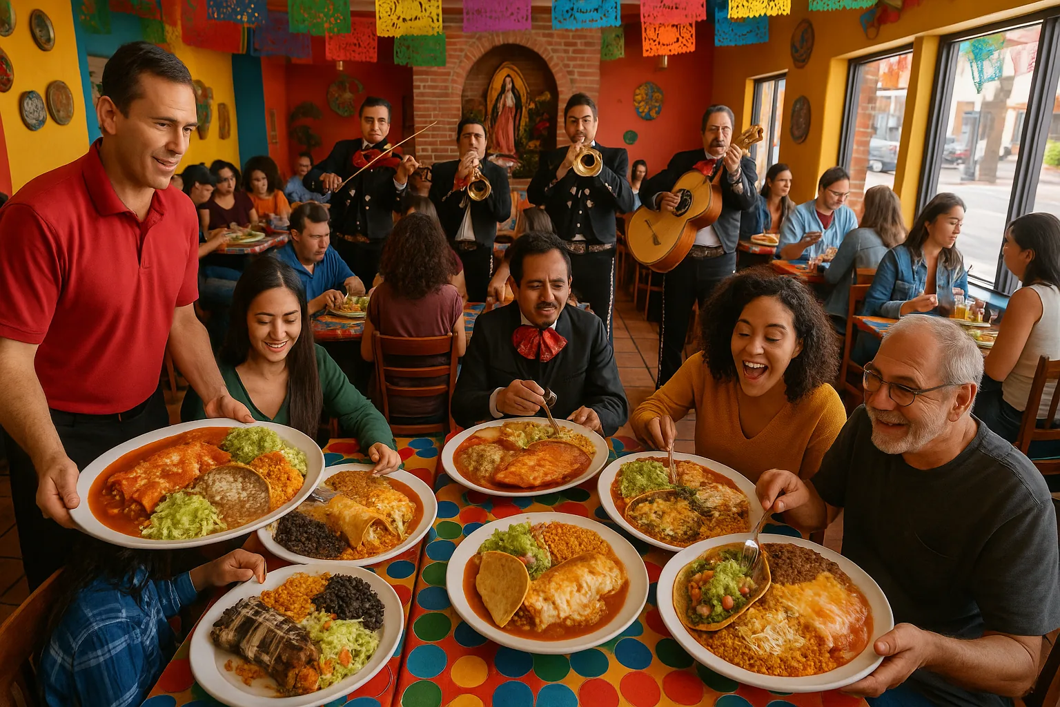 A Mexican restaurant interior with large plates of food being served to diners enjoying a lively atmosphere.
