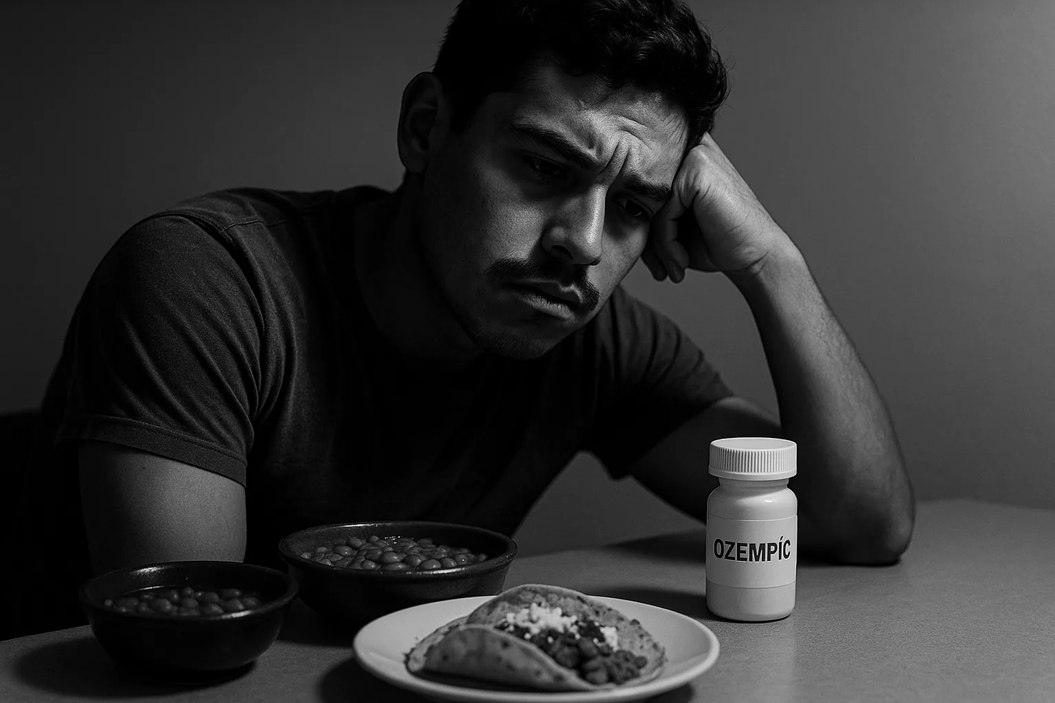 A man sits at a table looking at a pill bottle labeled Ozempic, surrounded by traditional Latin food dishes.