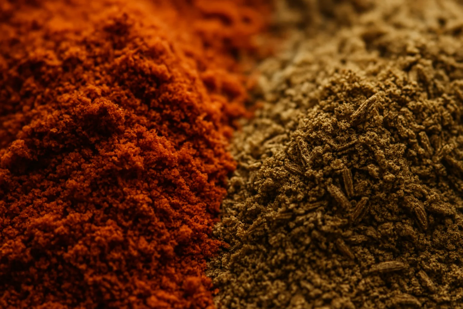 Close-up of paprika and cumin spilled on a wooden surface under soft lighting.