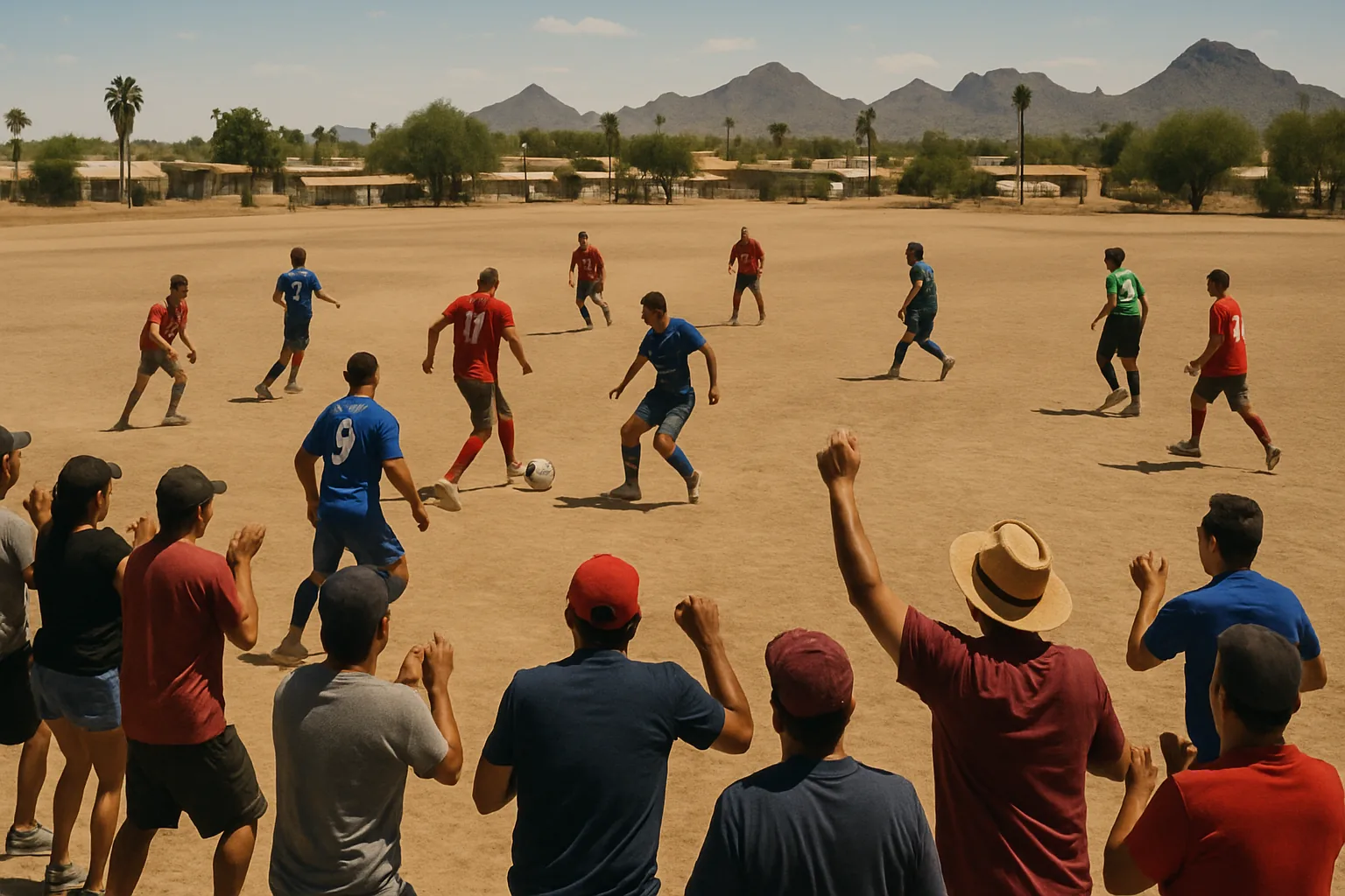 An overhead view of a soccer match with Latino players and cheering spectators on a dusty field.