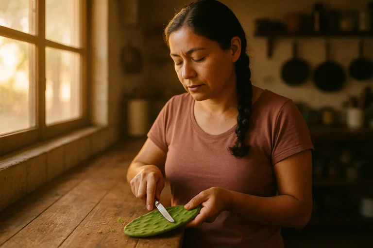 A woman scrapes the spines off a nopal paddle with a butter knife in a warm-lit kitchen.