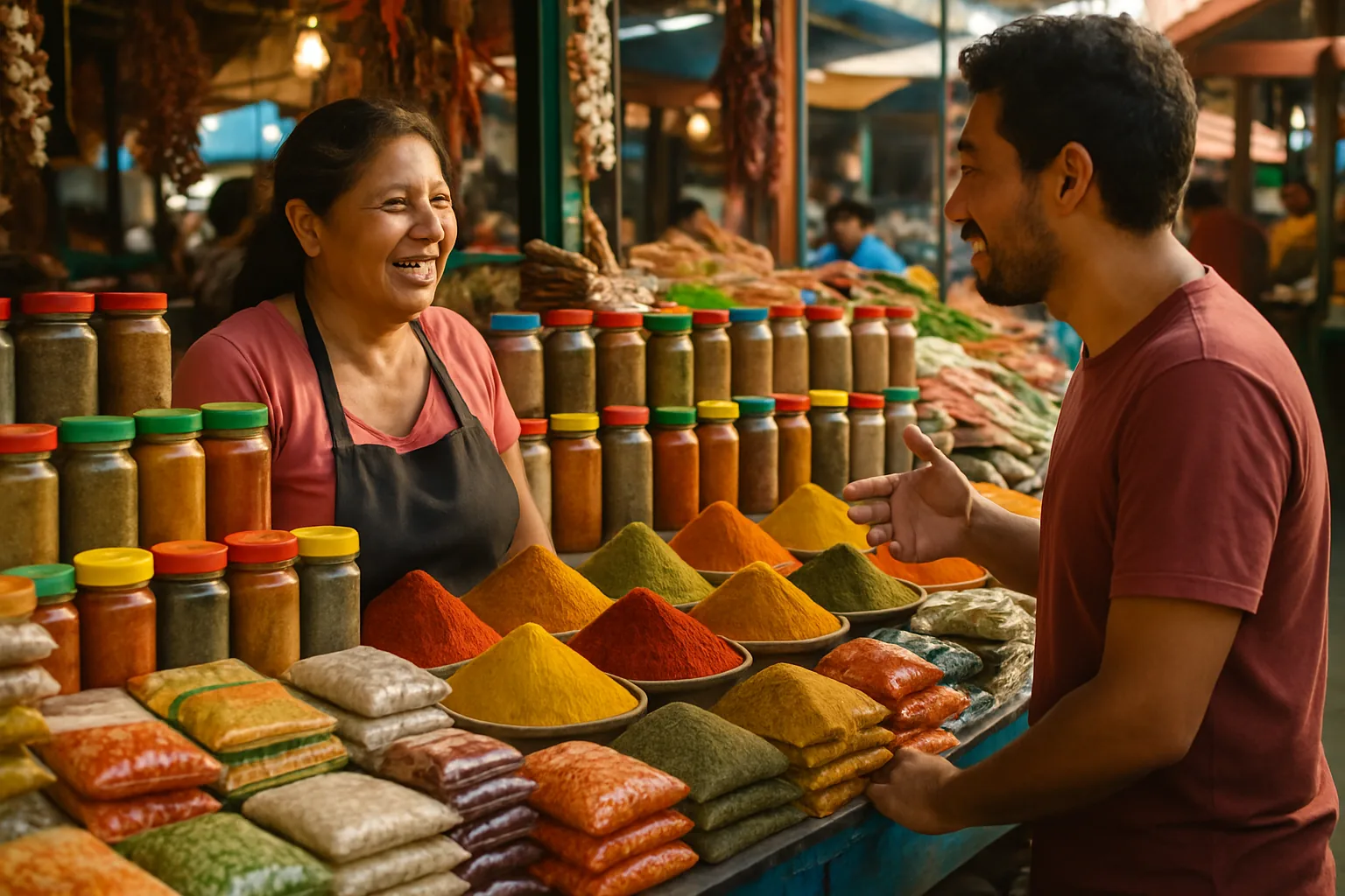 A medium shot of a Latin American market where a vendor and customer interact over an array of spice jars.