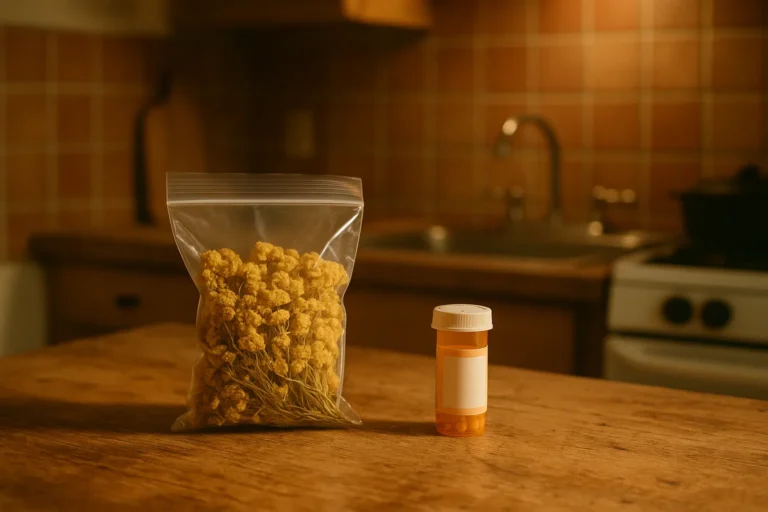 A kitchen counter with a bag of dried yellow flowers next to a prescription bottle, surrounded by rustic kitchen elements.