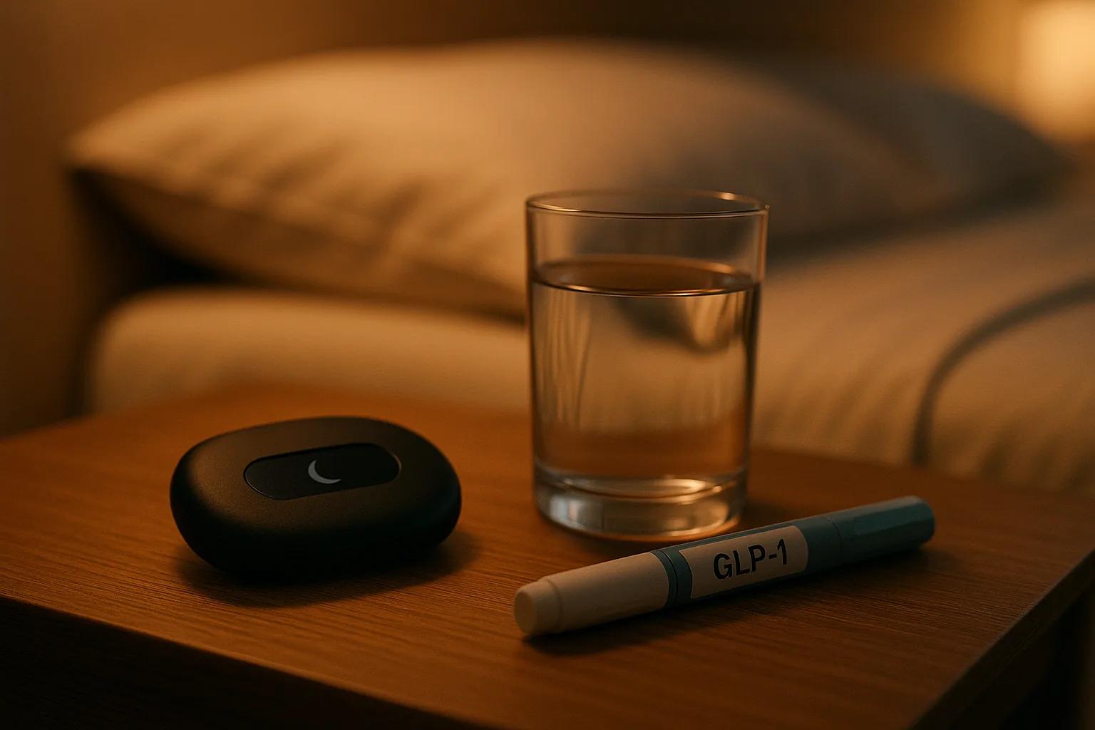 A bedside table with a sleep tracker, glass of water, and medication in soft lighting.