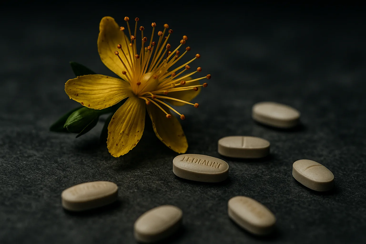 A close-up of a yellow St. John's Wort flower next to blue sertraline pills scattered on a surface.