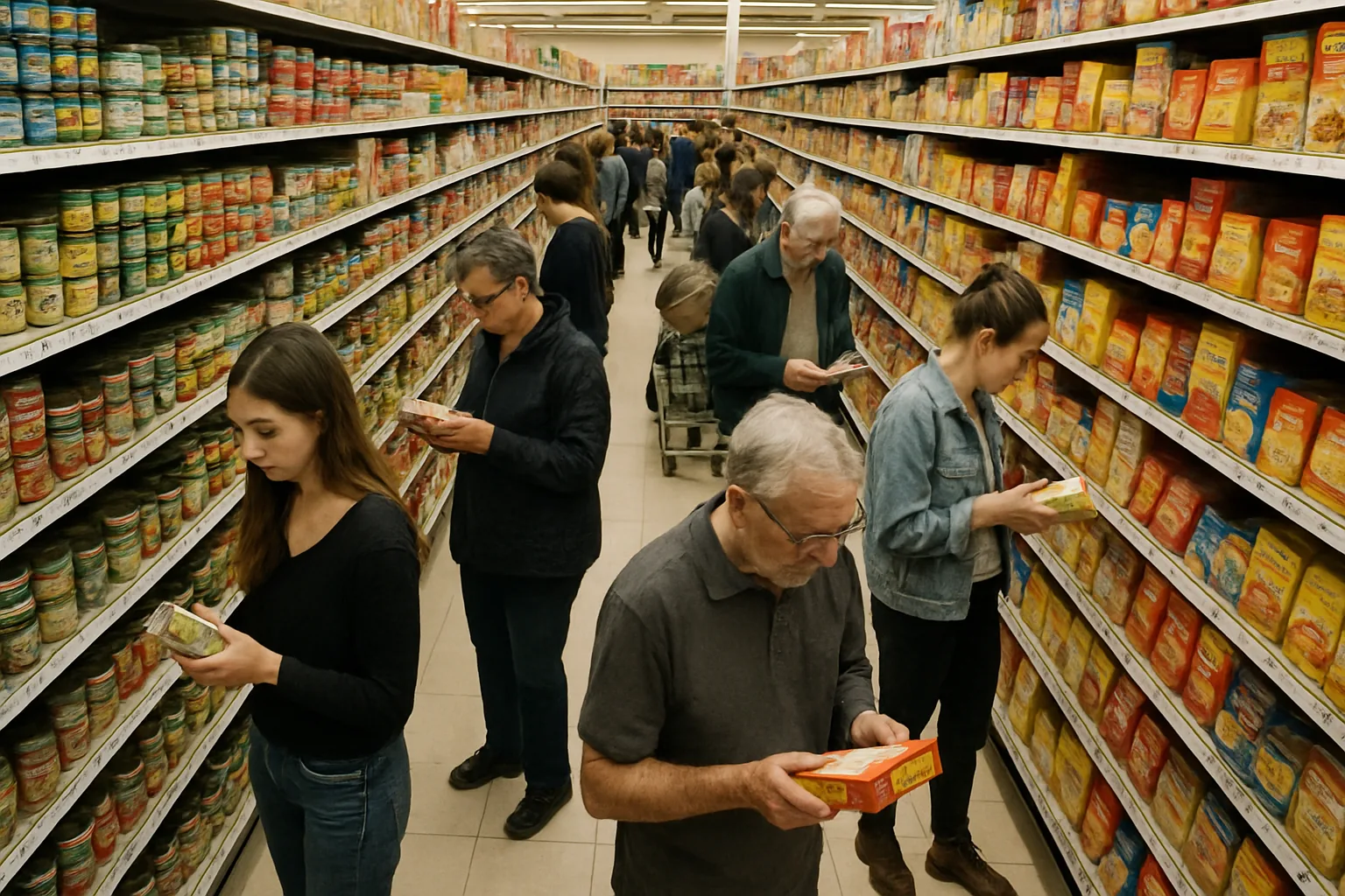 A supermarket aisle filled with canned and boxed processed foods, with shoppers examining labels.